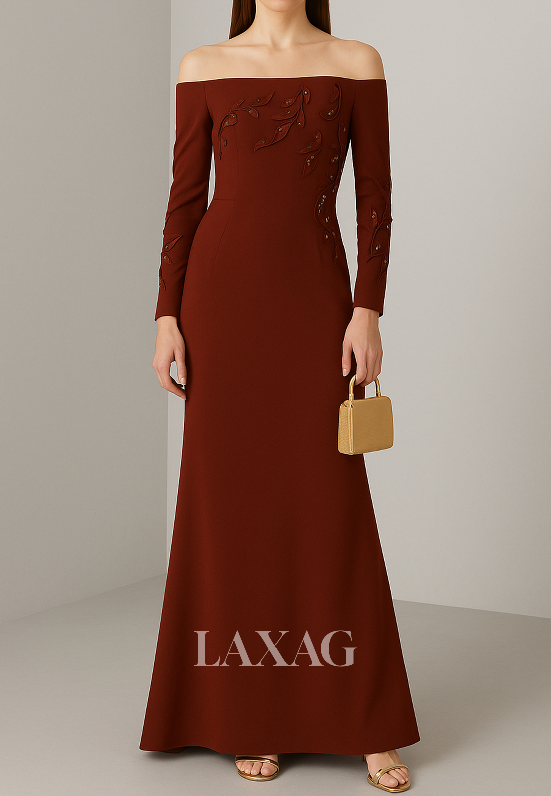 Tube Top Beaded Applique Satin Fitted Evening Dress Long-Sleeves Floor-Length Formal Gowns