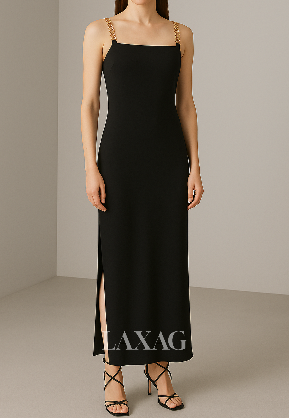 Spaghetti Straps Tube Top Fitted Evening Dress Sleeveless Ankle-Length Formal Gowns with Slit