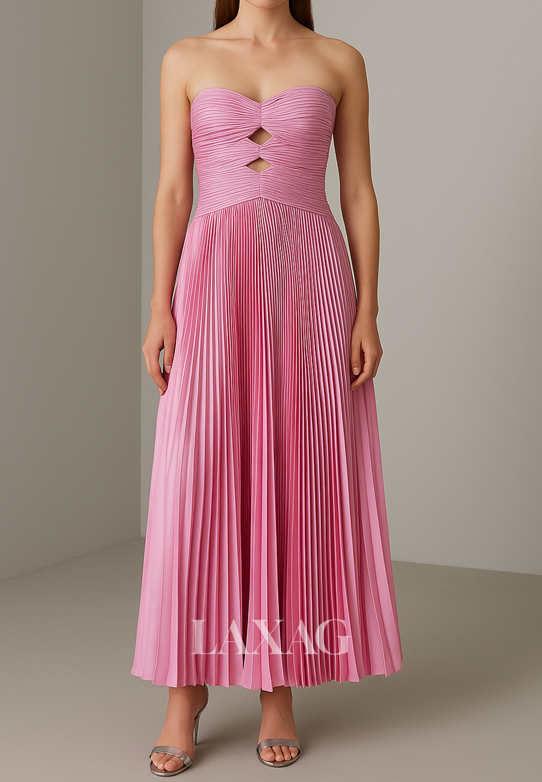 Sweetheart Ankle-Length A-Line Evening Dress Off-Shoulder Sleeveless Pleated Satin Formal Gowns