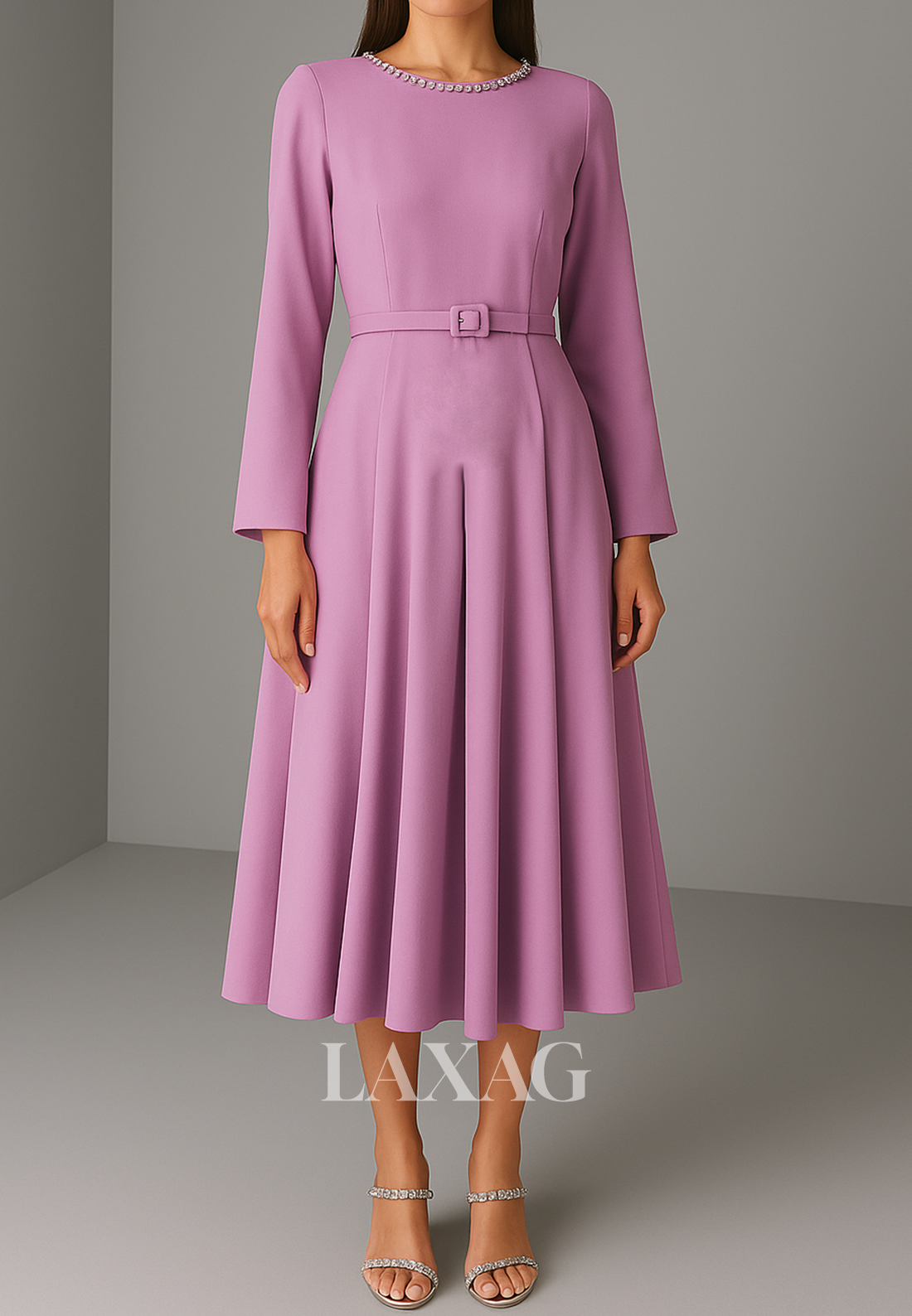 Long-Sleeves Beaded Scoop-Neck A-Line Evening Dress Tea-Length Pleated Satin Formal Gowns