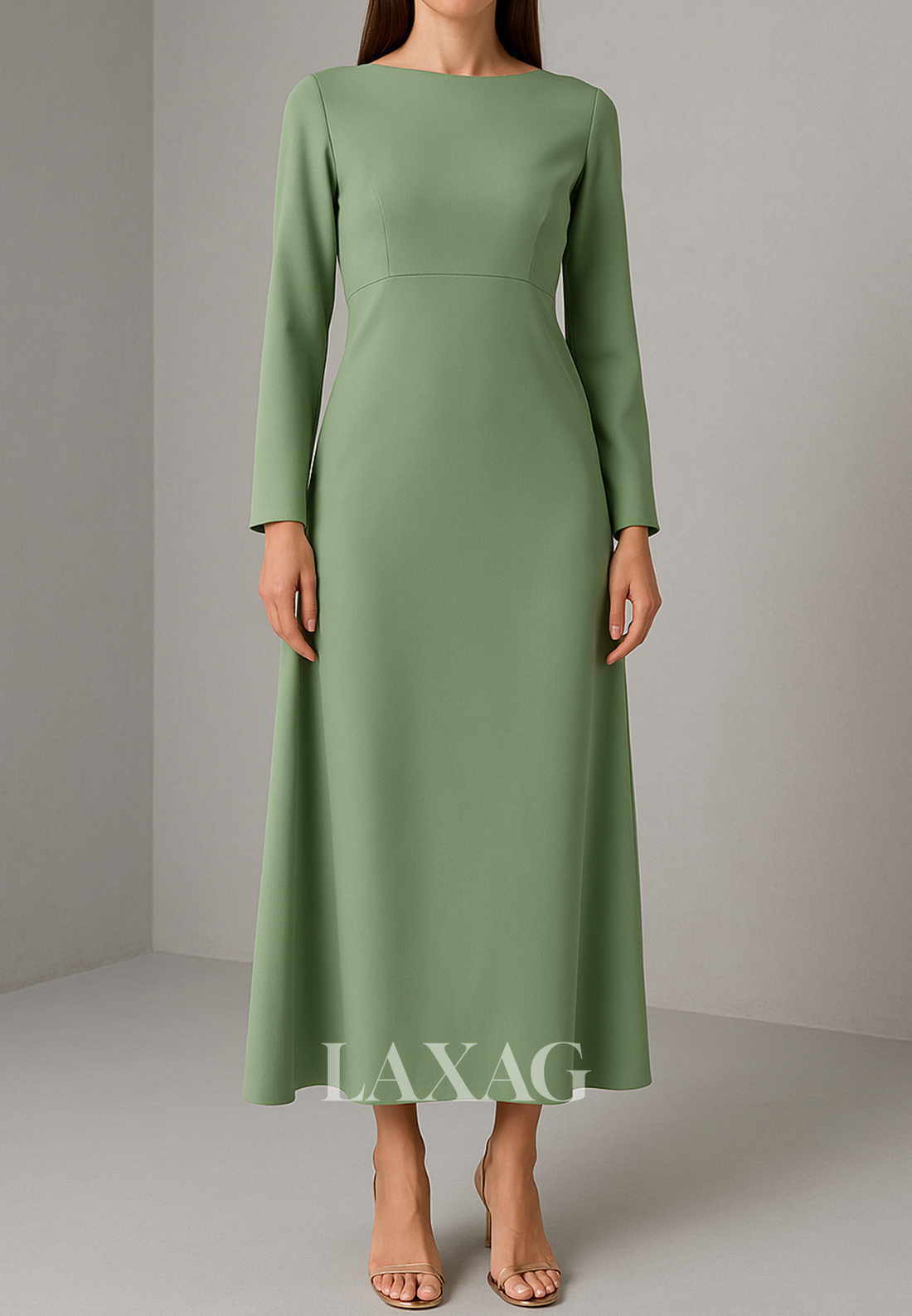 Simple Scoop-Neck Long-Sleeves A-Line Evening Dress Ankle-Length Satin Formal Gowns