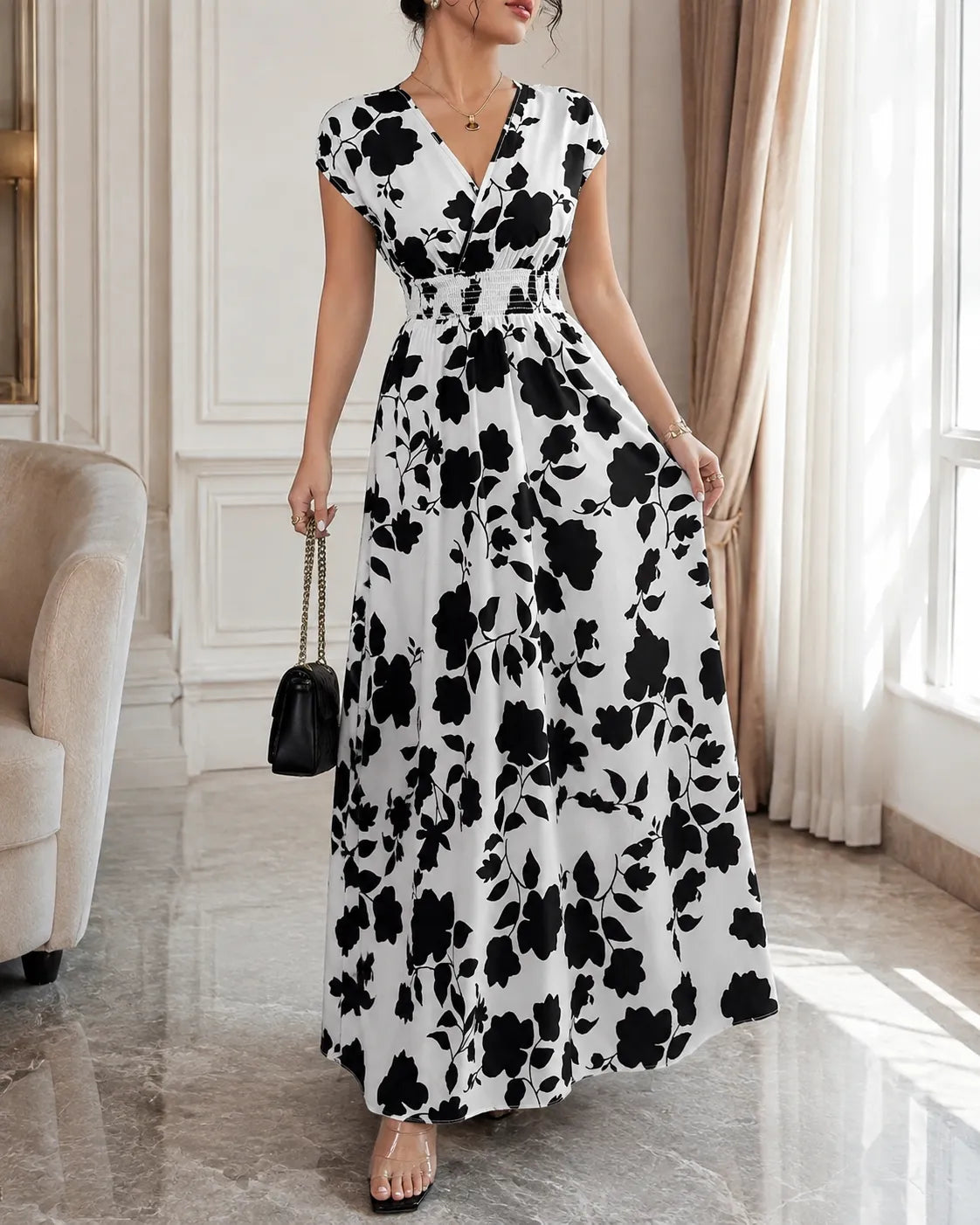 Floral Print V-Neck Cap Sleeve Smocked Waist Maxi Dress