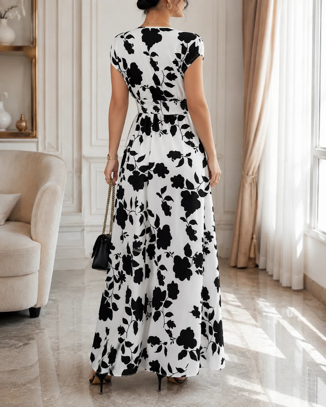 Floral Print V-Neck Cap Sleeve Smocked Waist Maxi Dress