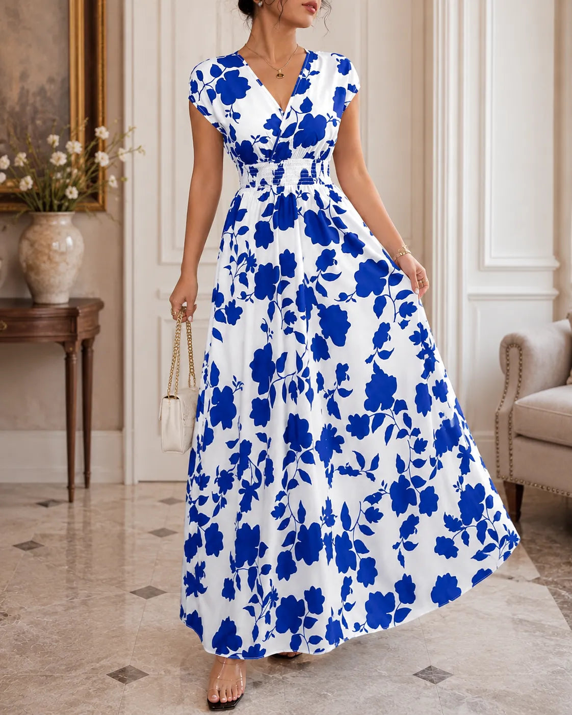 Floral Print V-Neck Cap Sleeve Smocked Waist Maxi Dress