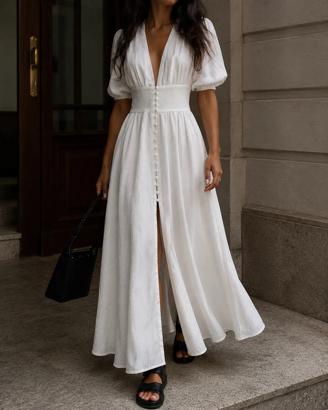 Deep V-Neck Puff Sleeve Button Front High Split Maxi Dress