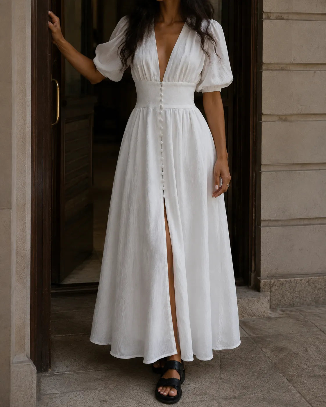 Deep V-Neck Puff Sleeve Button Front High Split Maxi Dress