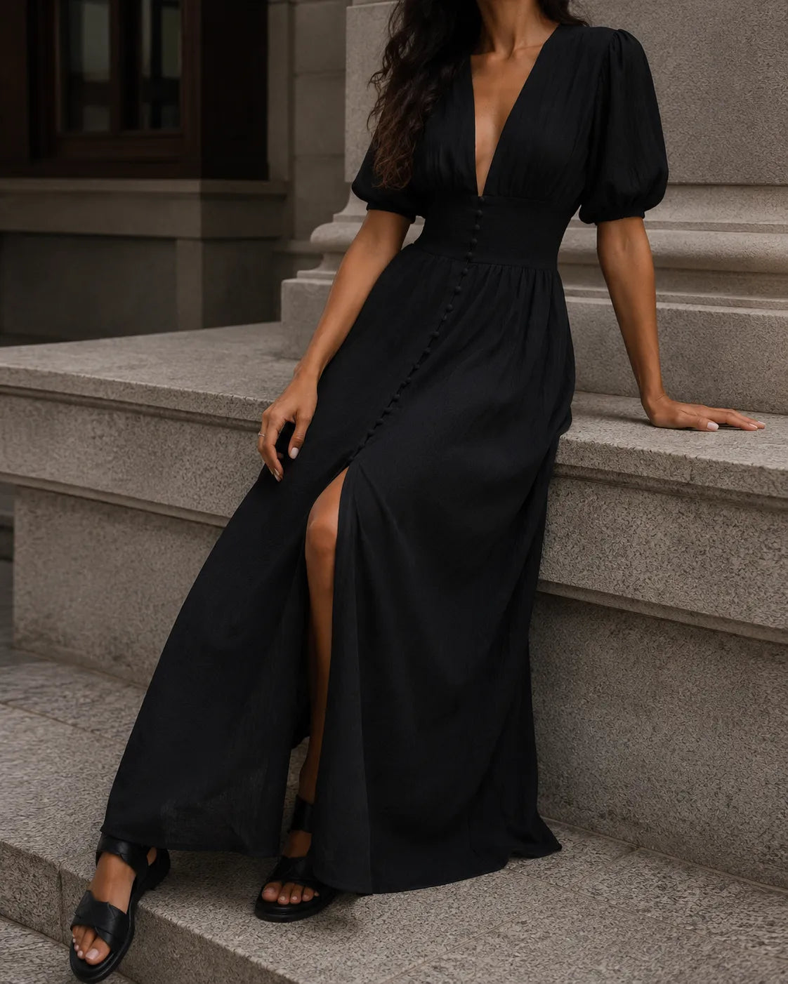 Deep V-Neck Puff Sleeve Button Front High Split Maxi Dress