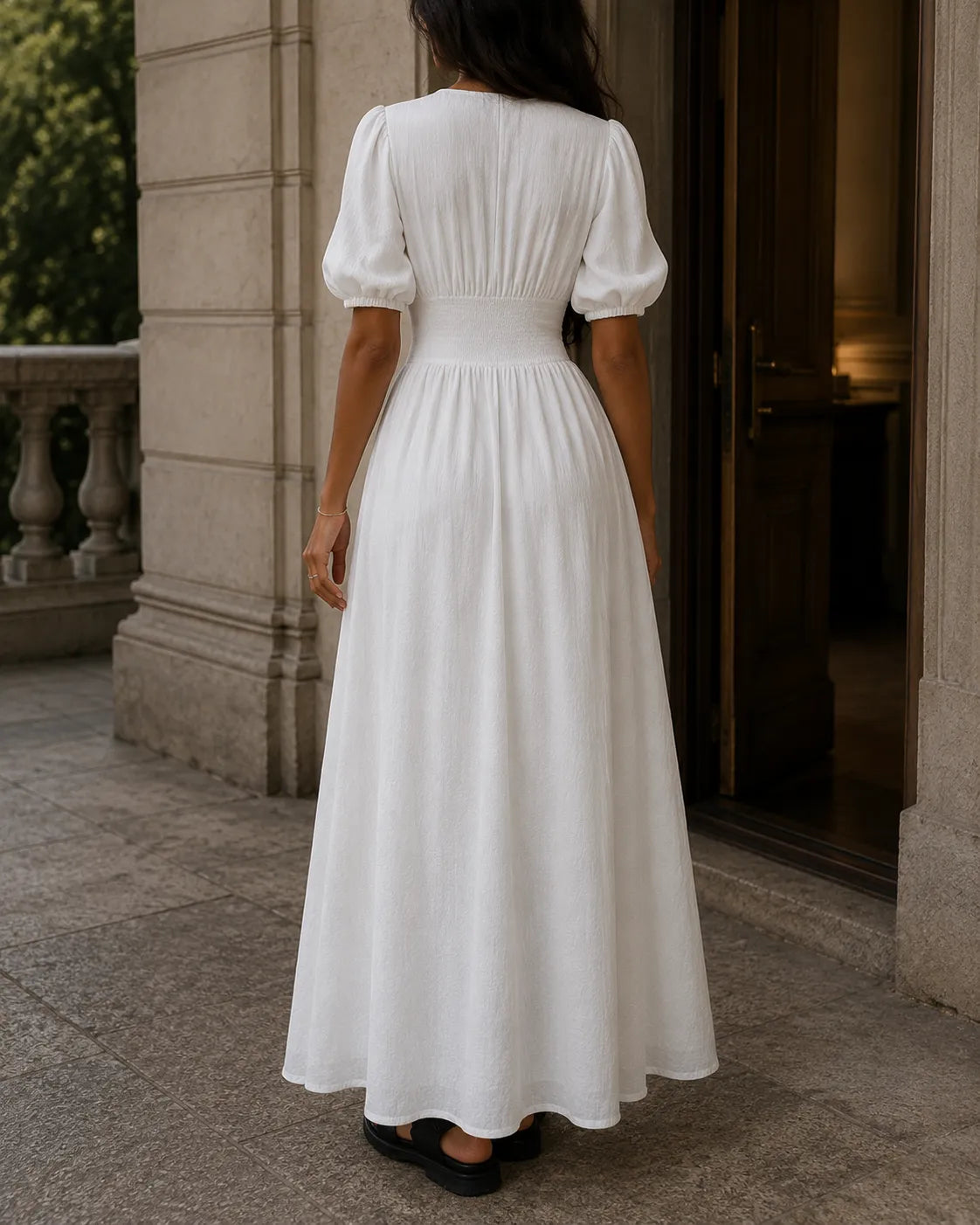 Deep V-Neck Puff Sleeve Button Front High Split Maxi Dress