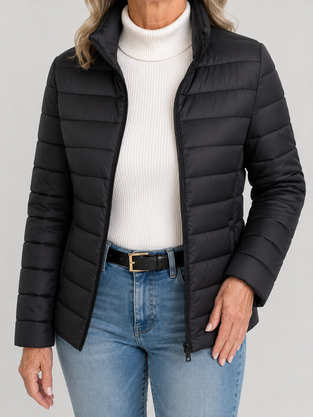 Stand Collar Zip Front Lightweight Puffer Jacket