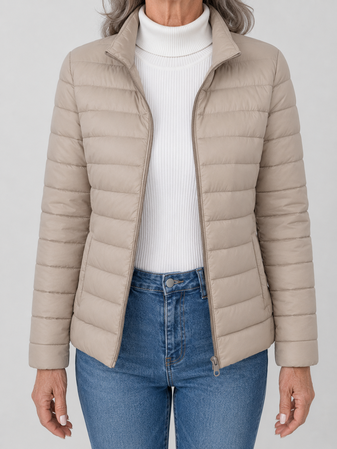 Stand Collar Zip Front Lightweight Puffer Jacket
