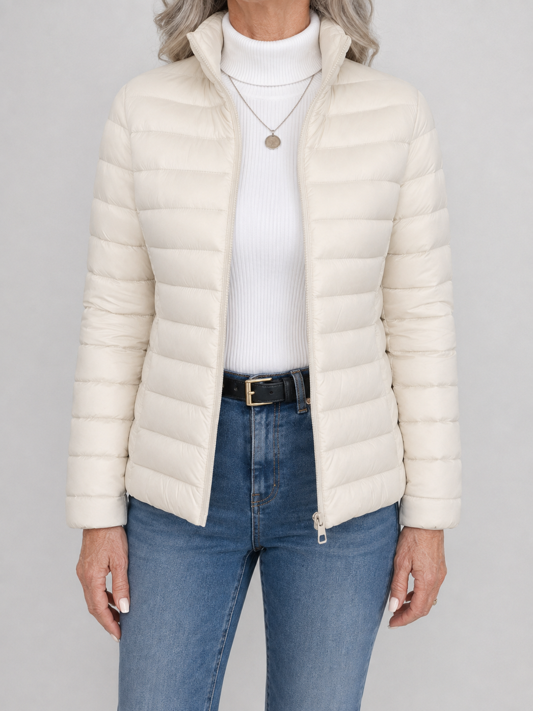 Stand Collar Zip Front Lightweight Puffer Jacket