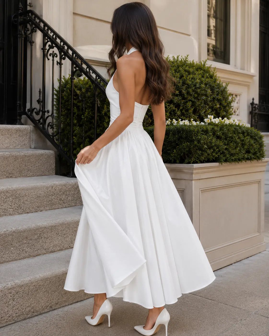 Halter Neck Deep V-Neck Fit and Flare Midi Dress Cocktail