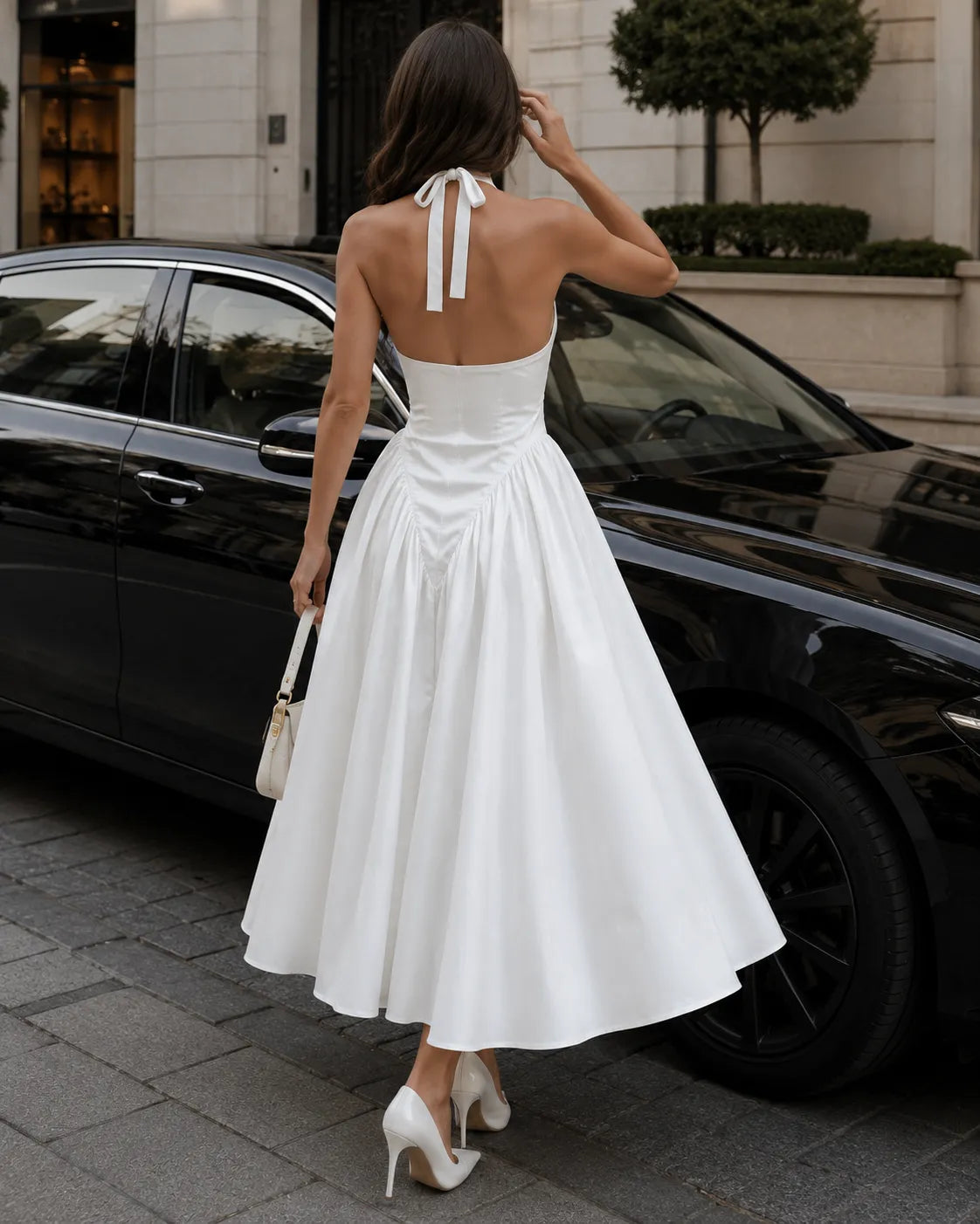 Halter Neck Deep V-Neck Fit and Flare Midi Dress Cocktail