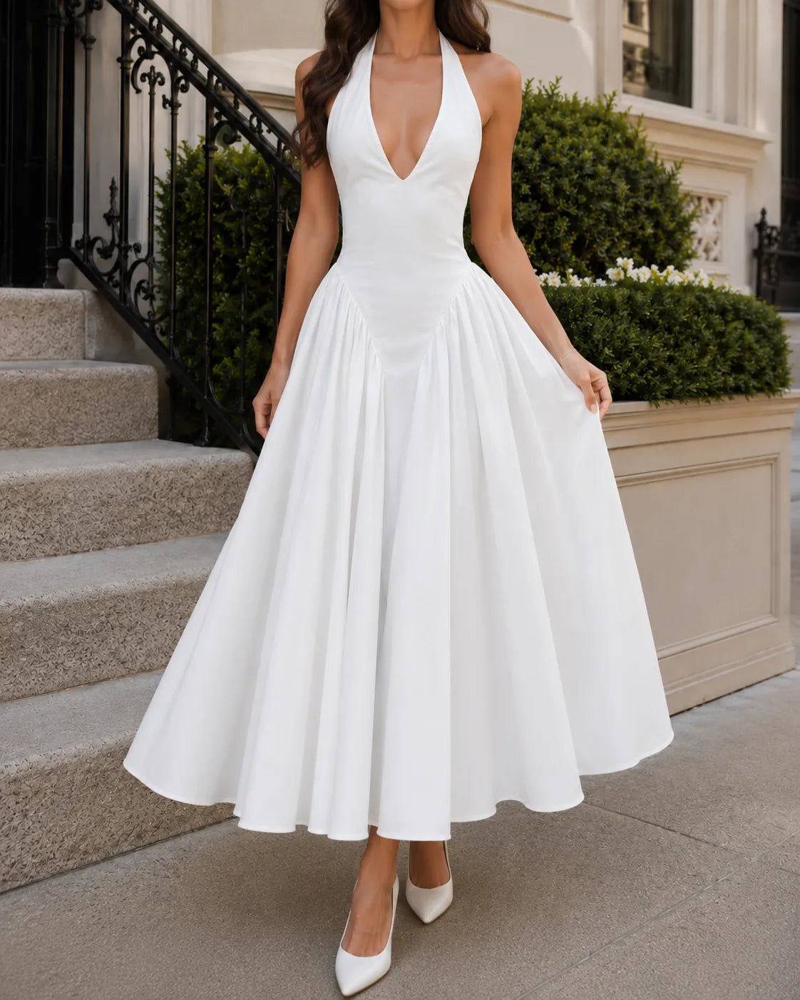 Halter Neck Deep V-Neck Fit and Flare Midi Dress Cocktail