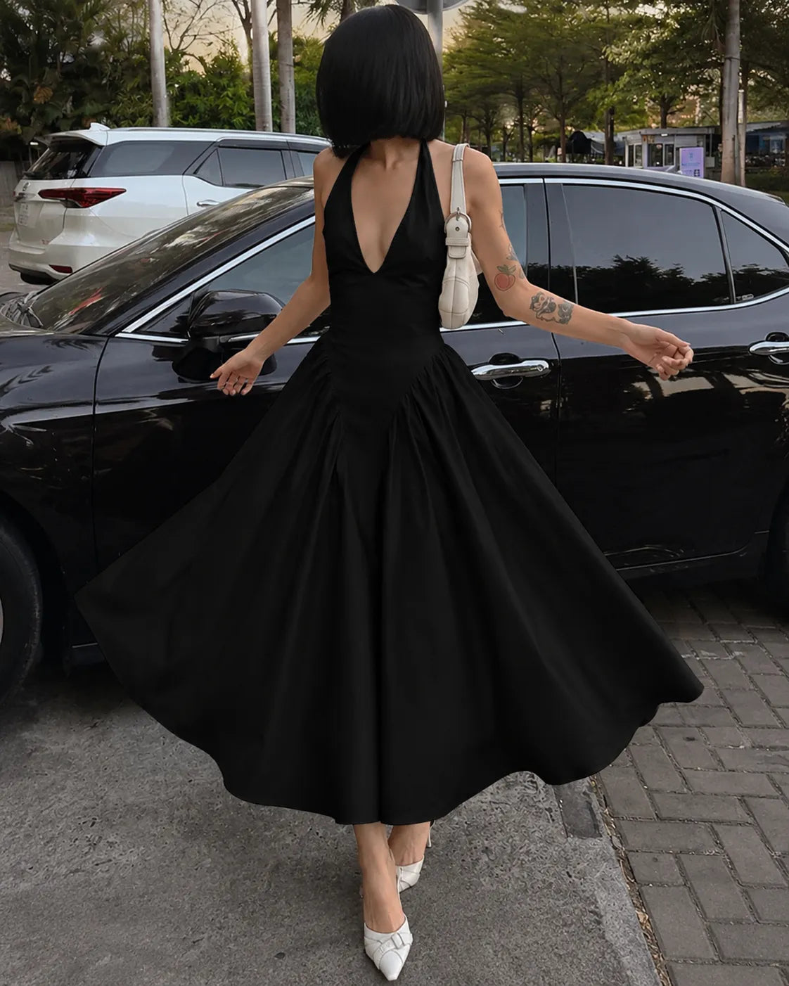 Halter Neck Deep V-Neck Fit and Flare Midi Dress Cocktail