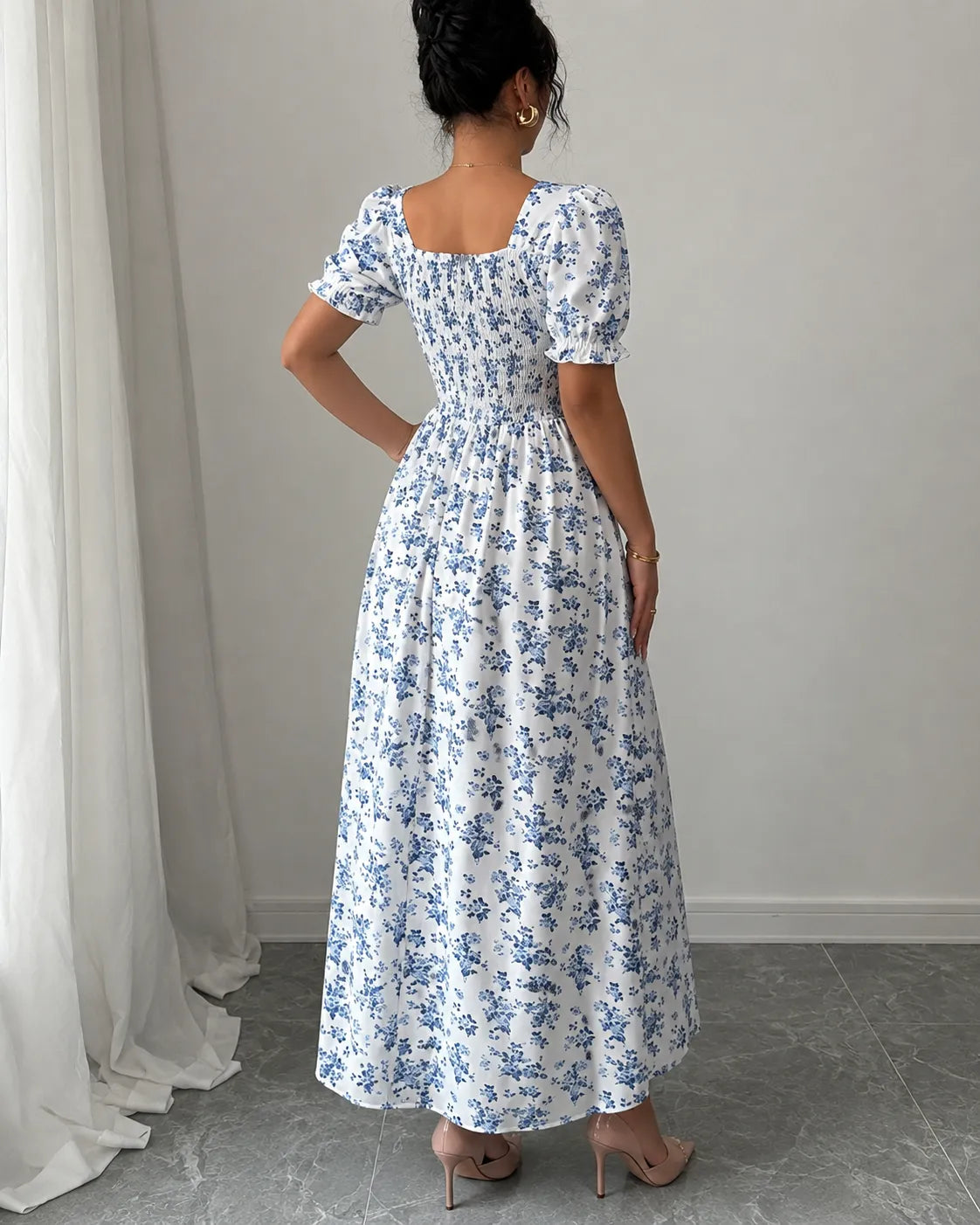 Floral Square Neck Puff Sleeve Fit and Flare Maxi Dress