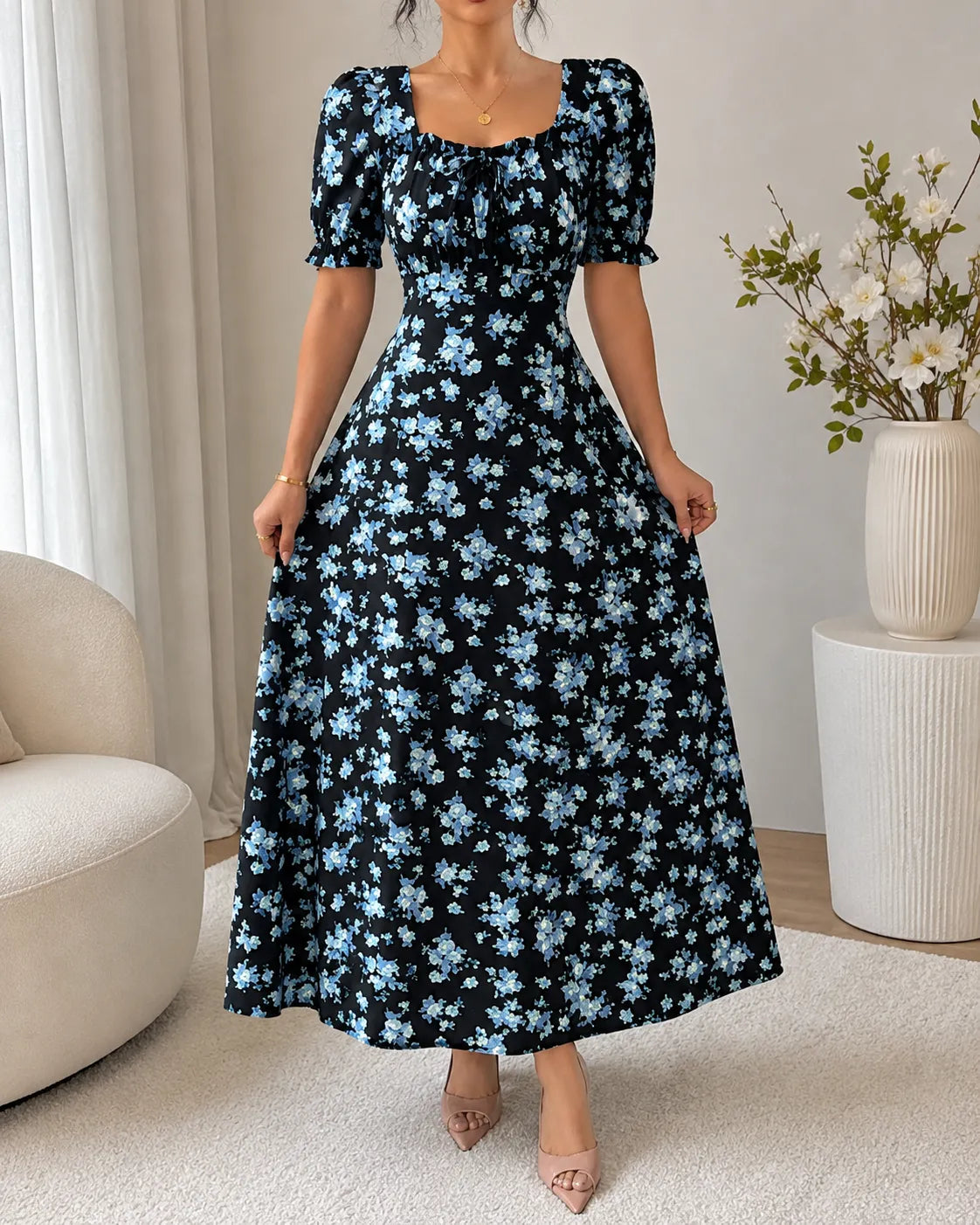 Floral Square Neck Puff Sleeve Fit and Flare Maxi Dress