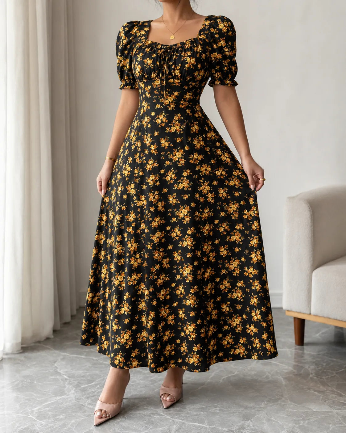 Floral Square Neck Puff Sleeve Fit and Flare Maxi Dress