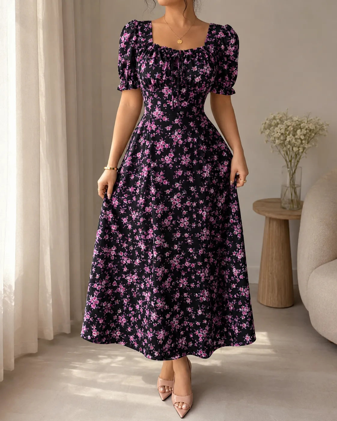Floral Square Neck Puff Sleeve Fit and Flare Maxi Dress