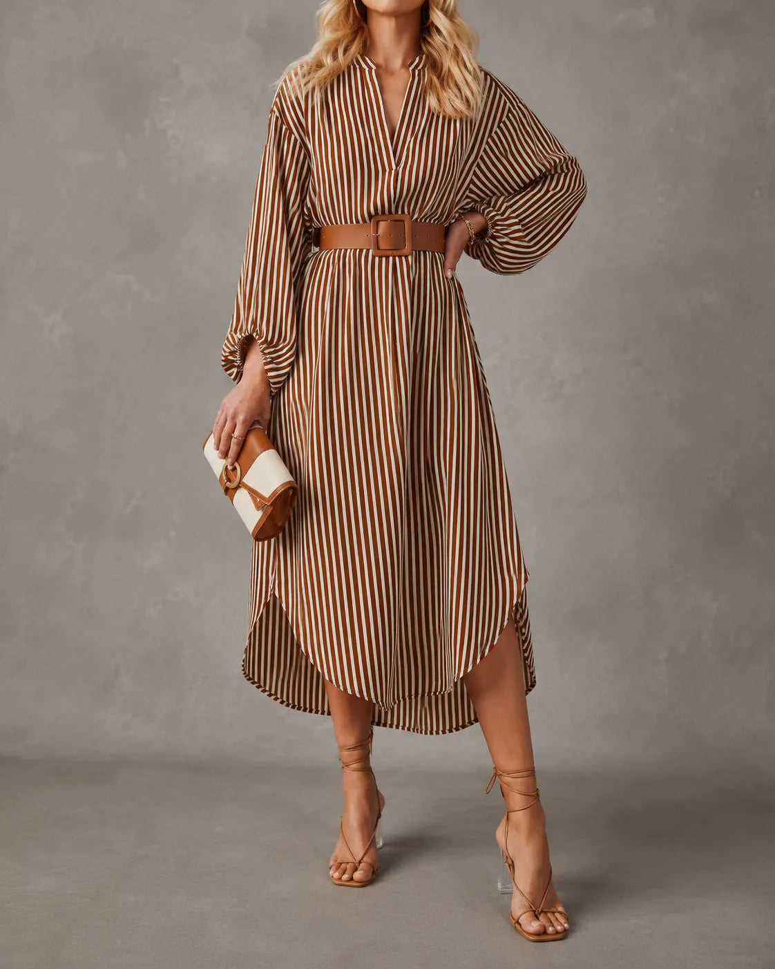 Striped Belted Batwing Sleeve High Low Midi Shirt Dress