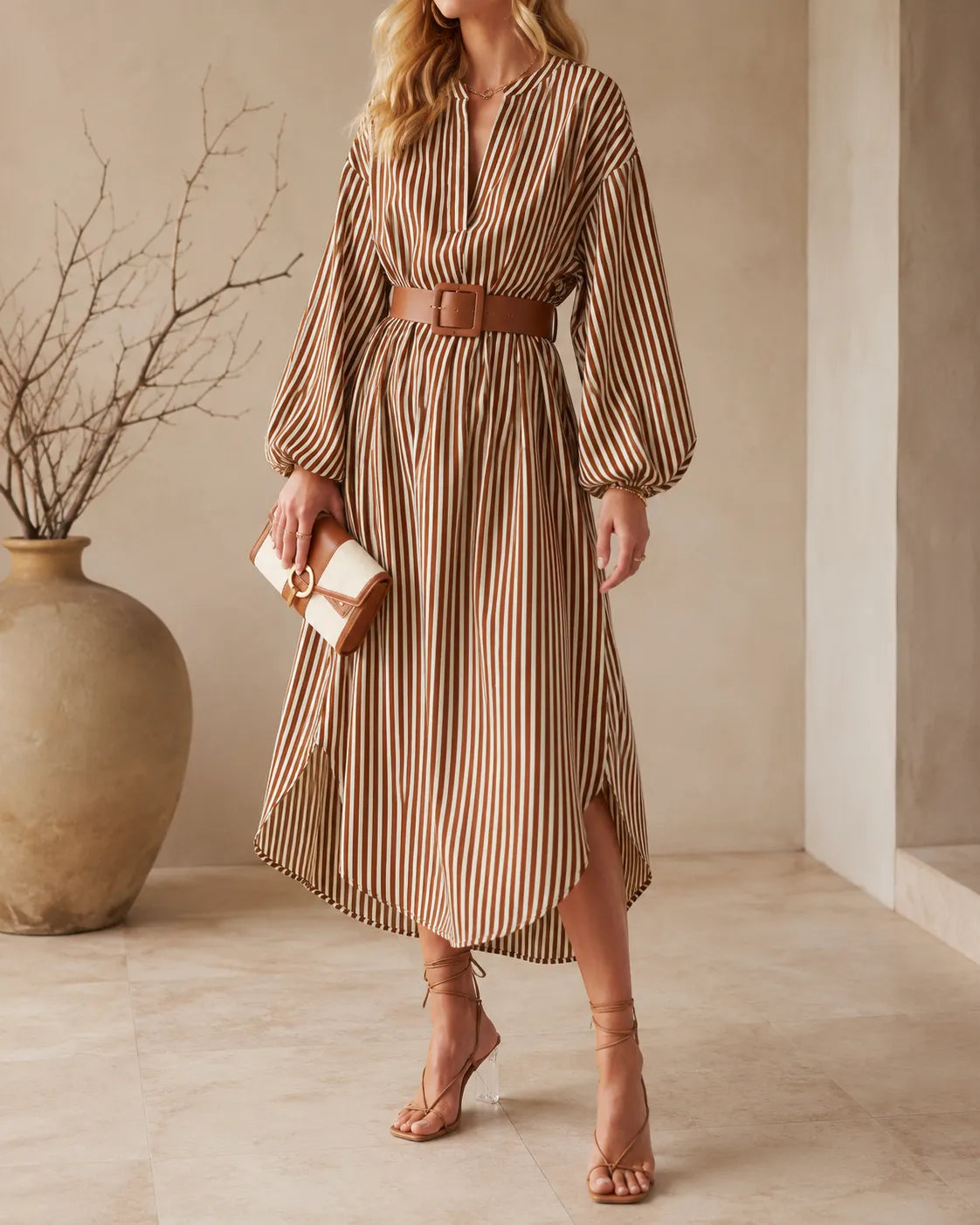 Striped Belted Batwing Sleeve High Low Midi Shirt Dress