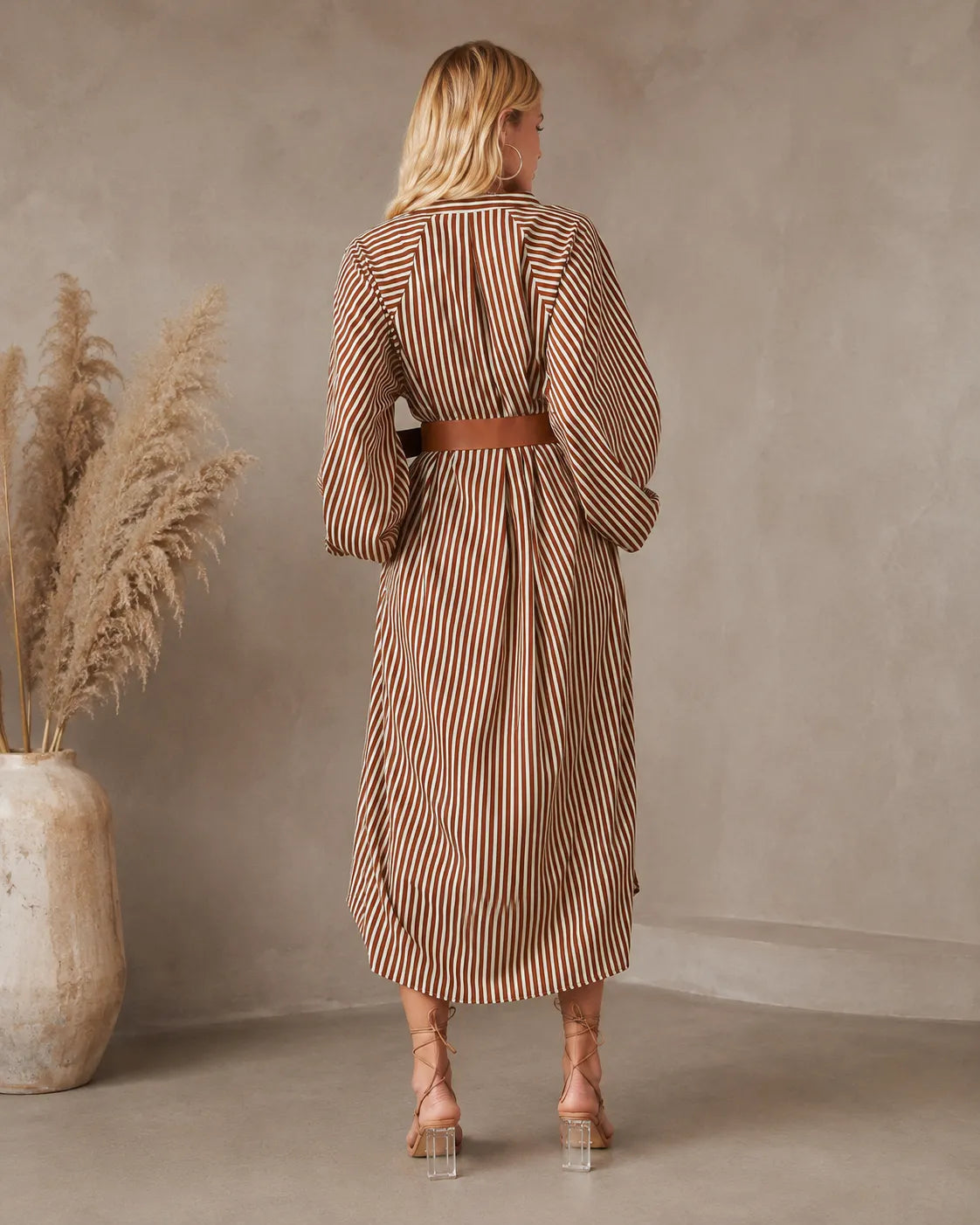 Striped Belted Batwing Sleeve High Low Midi Shirt Dress