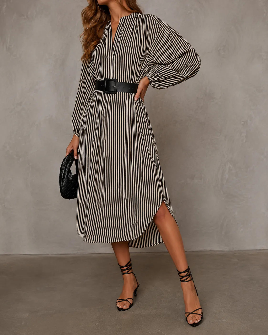 Striped Belted Batwing Sleeve High Low Midi Shirt Dress