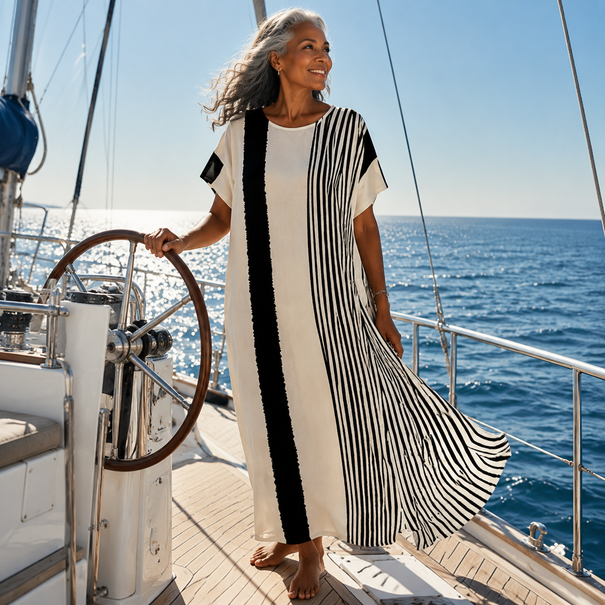 Elara | Round Neck Short Sleeve Striped Maxi Dress