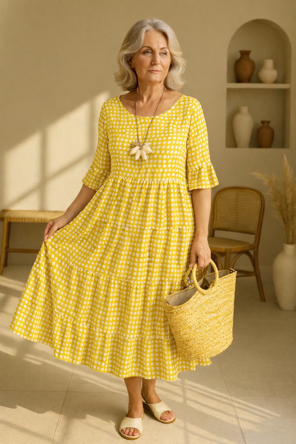 Polka Dot Scoop Neck Short Sleeve Tiered Midi Dress
