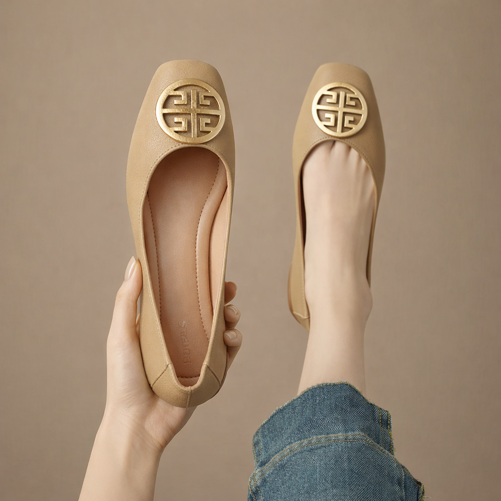 Square Toe Metal Medallion Leather Ballet Flats