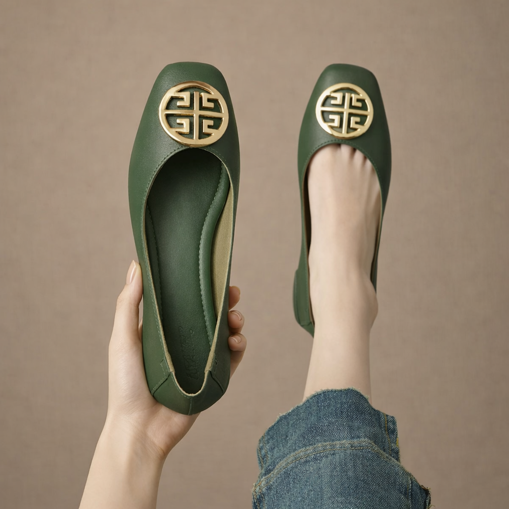 Square Toe Metal Medallion Leather Ballet Flats