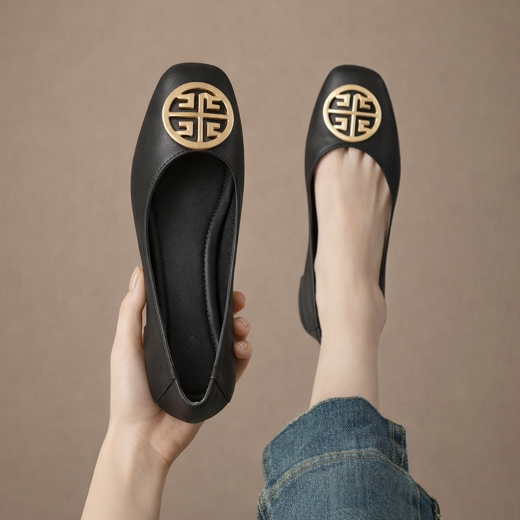 Square Toe Metal Medallion Leather Ballet Flats
