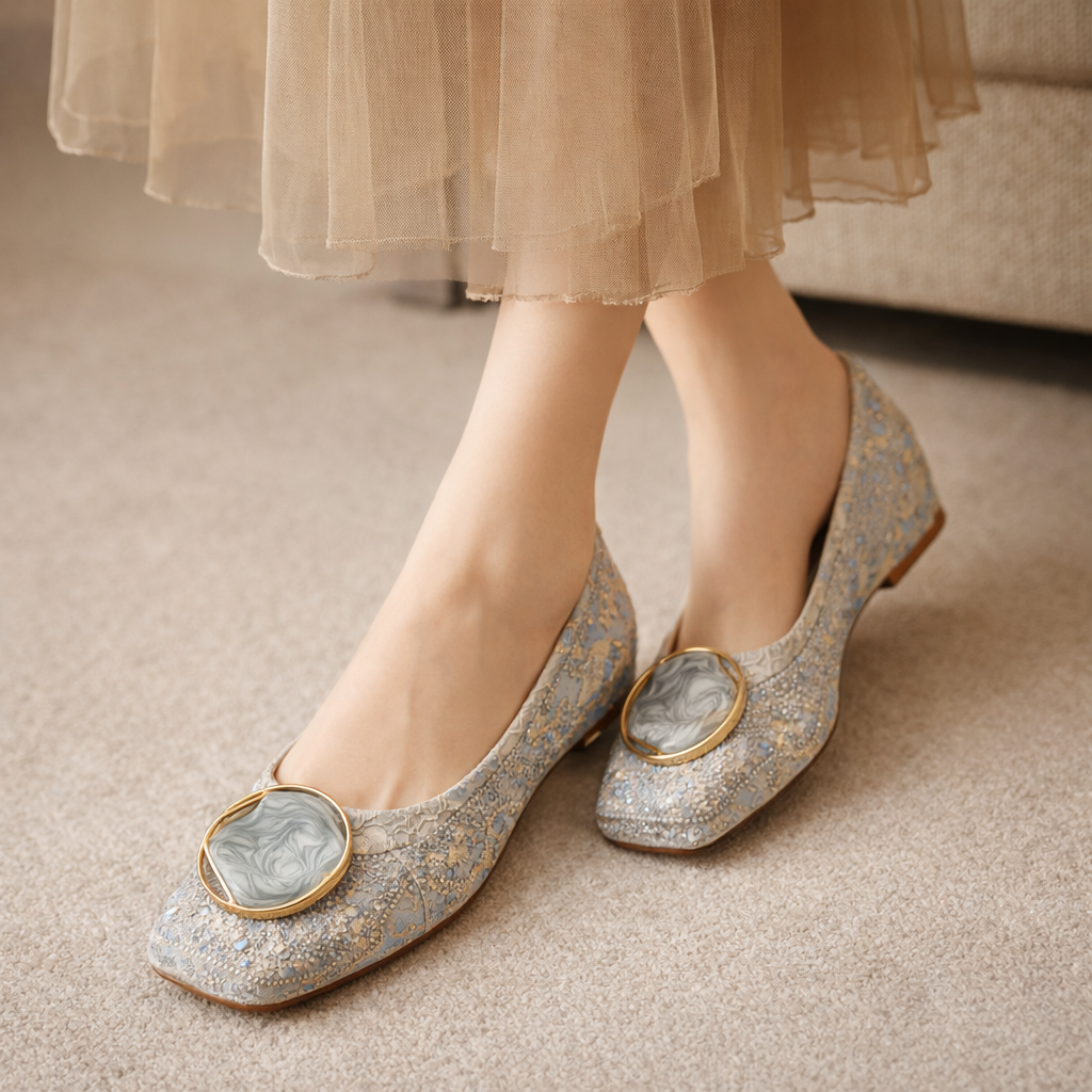 Square Toe Embellished Medallion Brocade Flats