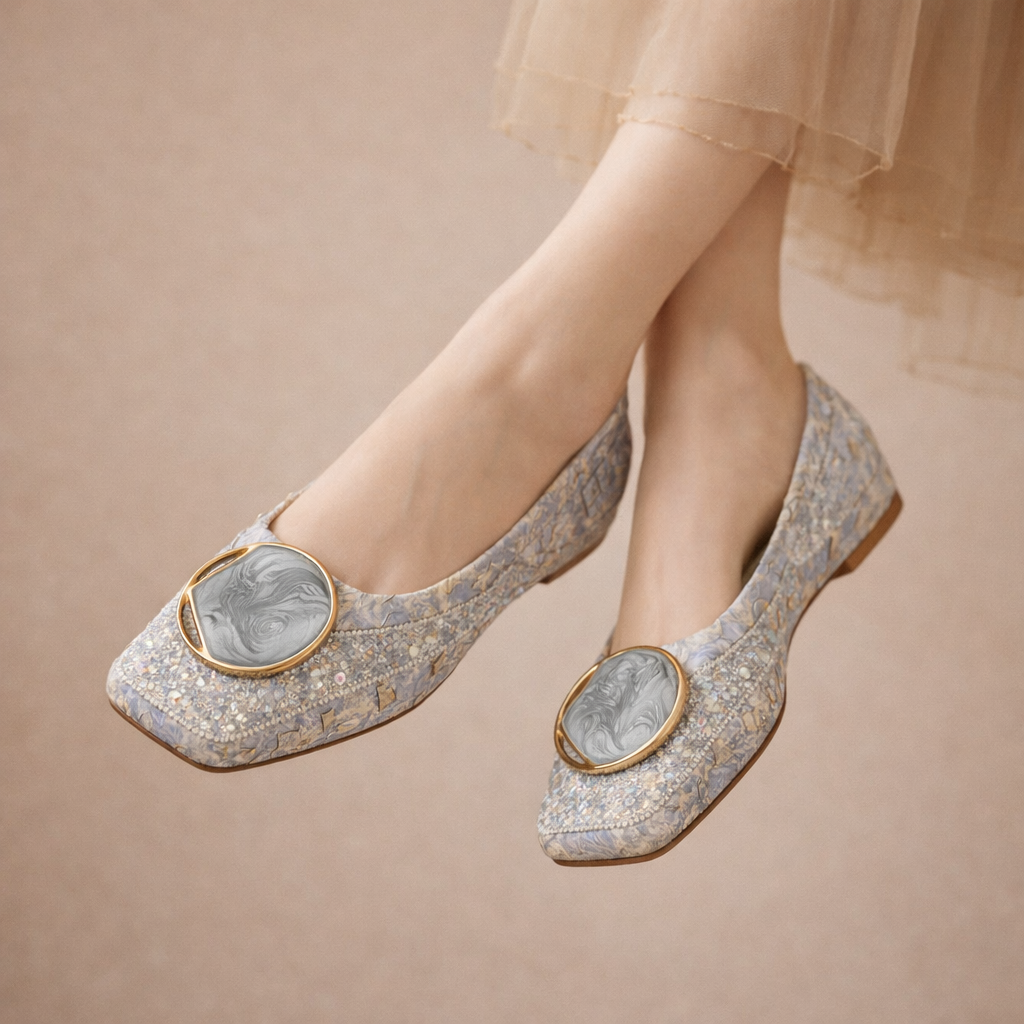 Square Toe Embellished Medallion Brocade Flats