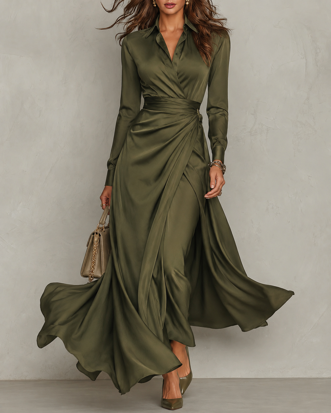 Collared Long Sleeve Ruched Wrap High Split Satin Maxi Dress