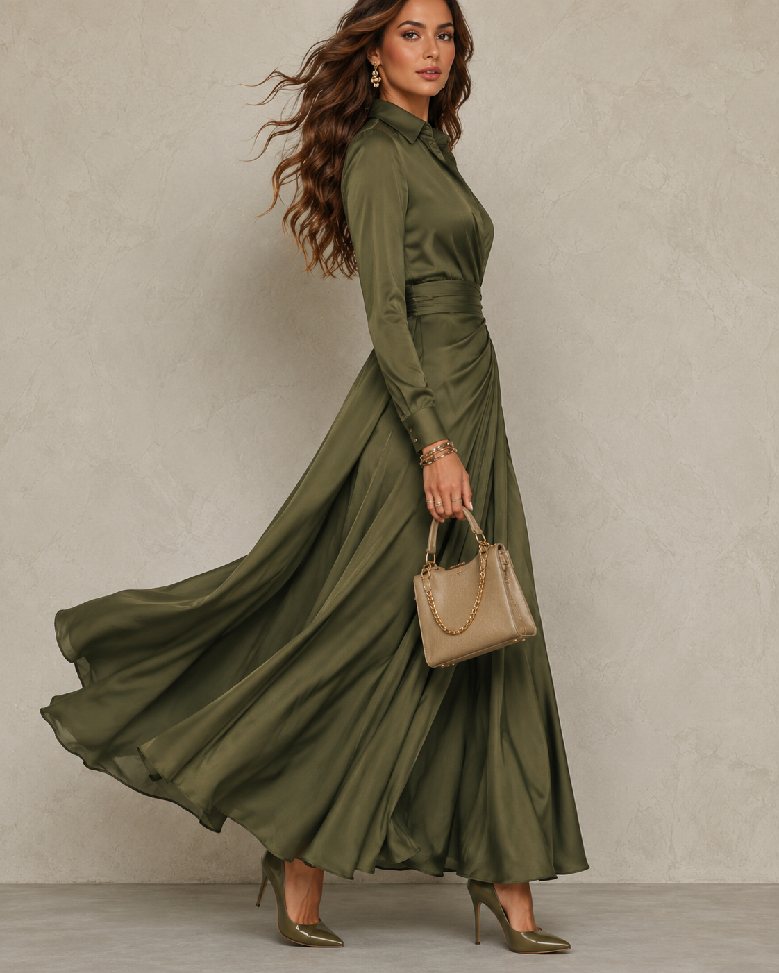Collared Long Sleeve Ruched Wrap High Split Satin Maxi Dress