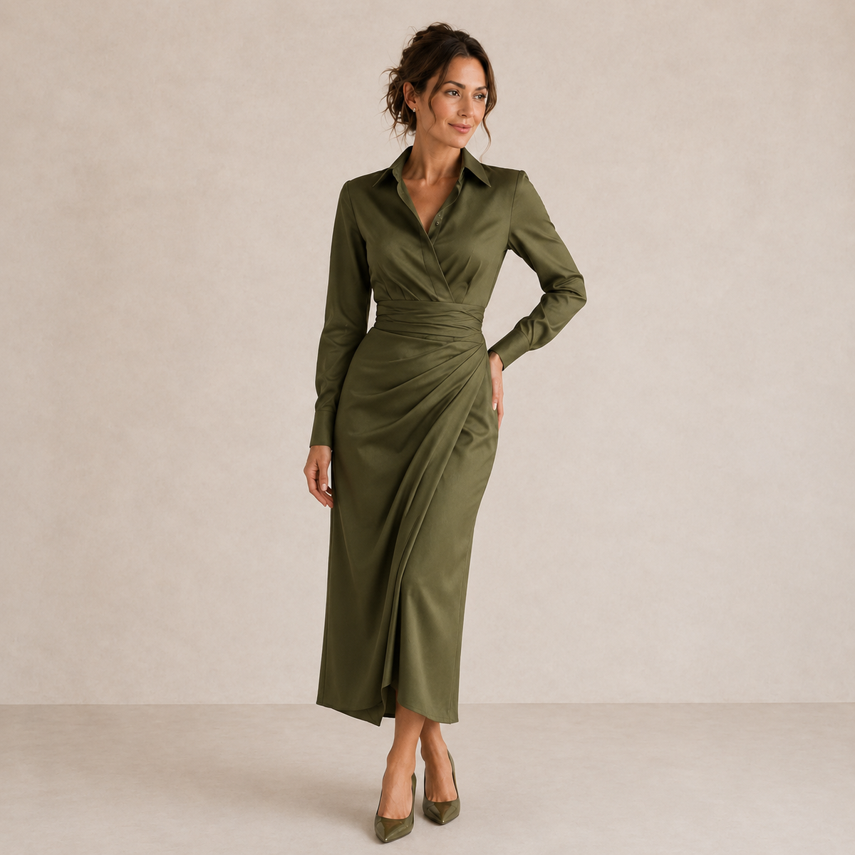 Collared Long Sleeve Ruched Wrap High Split Satin Maxi Dress