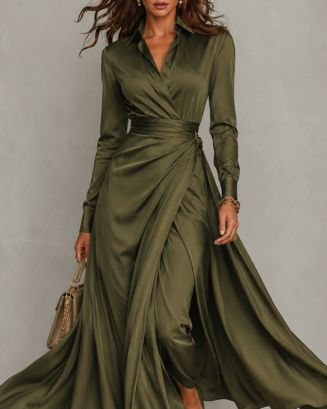 Collared Long Sleeve Ruched Wrap High Split Satin Maxi Dress