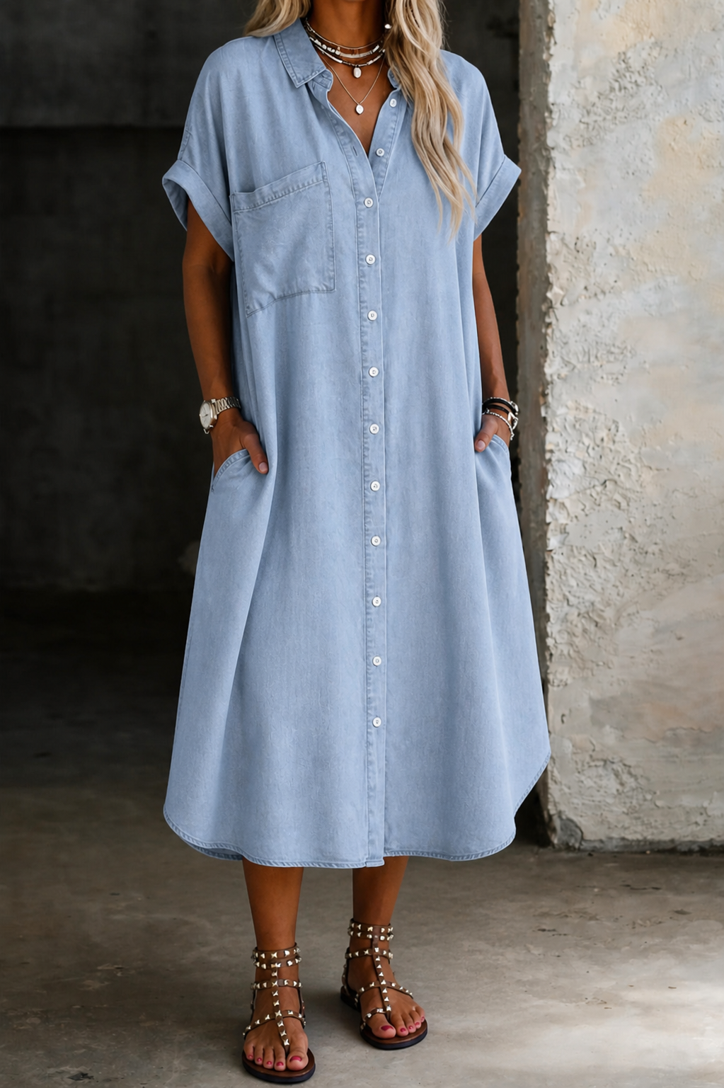 Denim Look Collared Short Sleeve Button Front Midi Shirt Dress