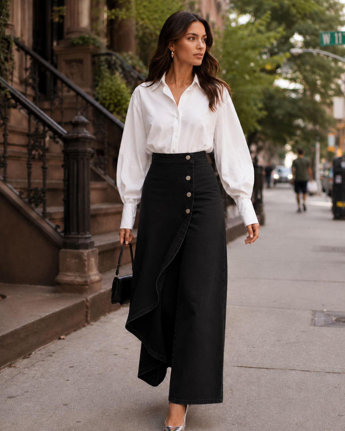 Button Front Wrap Wide Leg Denim Trousers