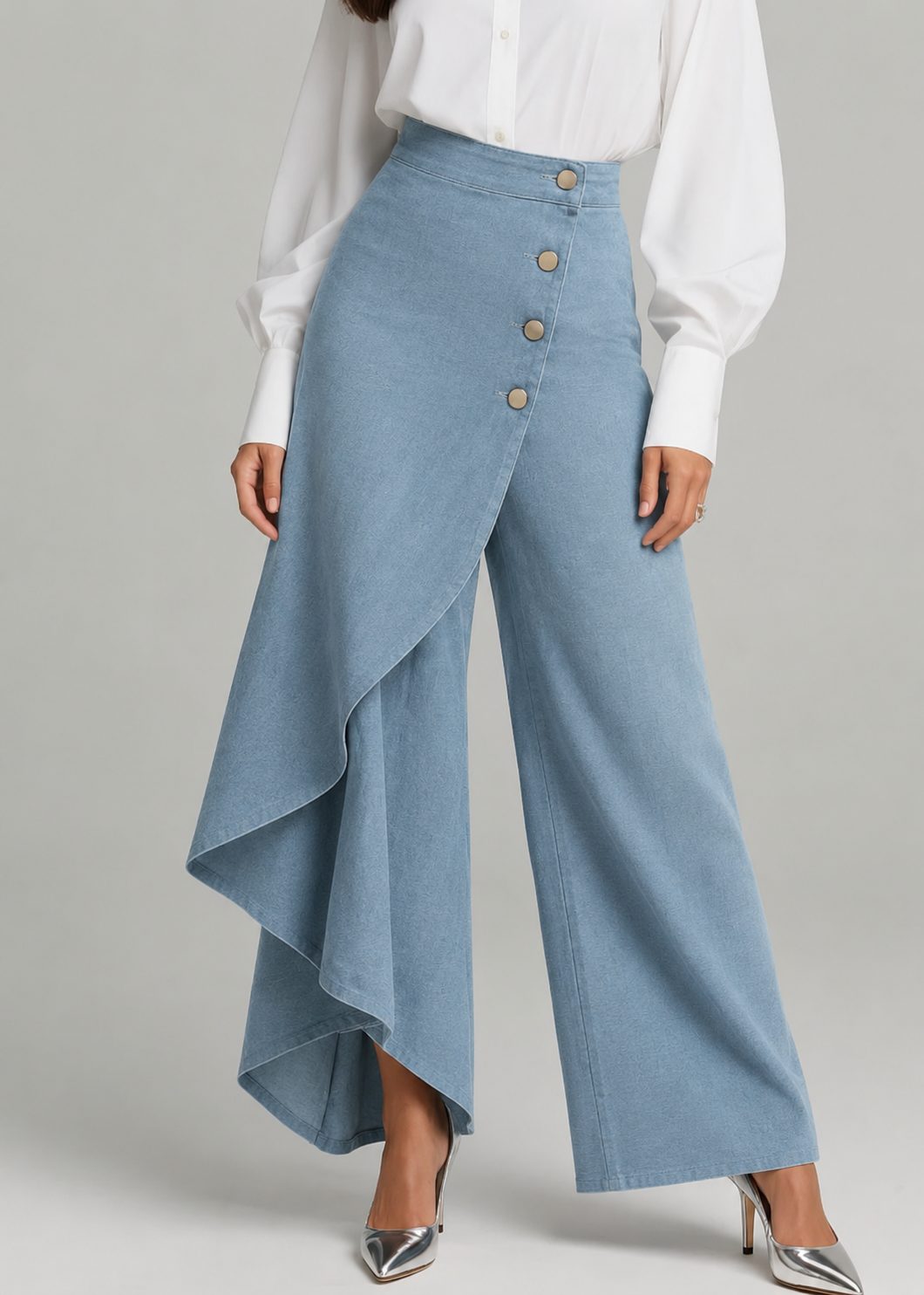 Button Front Wrap Wide Leg Denim Trousers