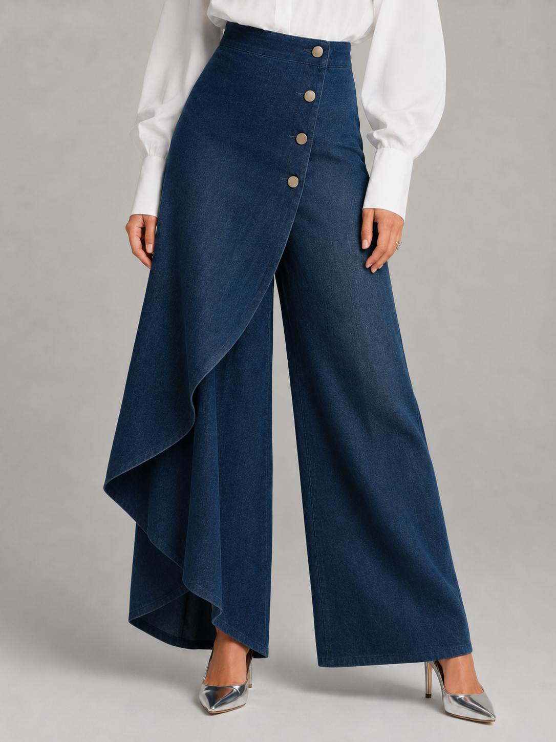 Button Front Wrap Wide Leg Denim Trousers