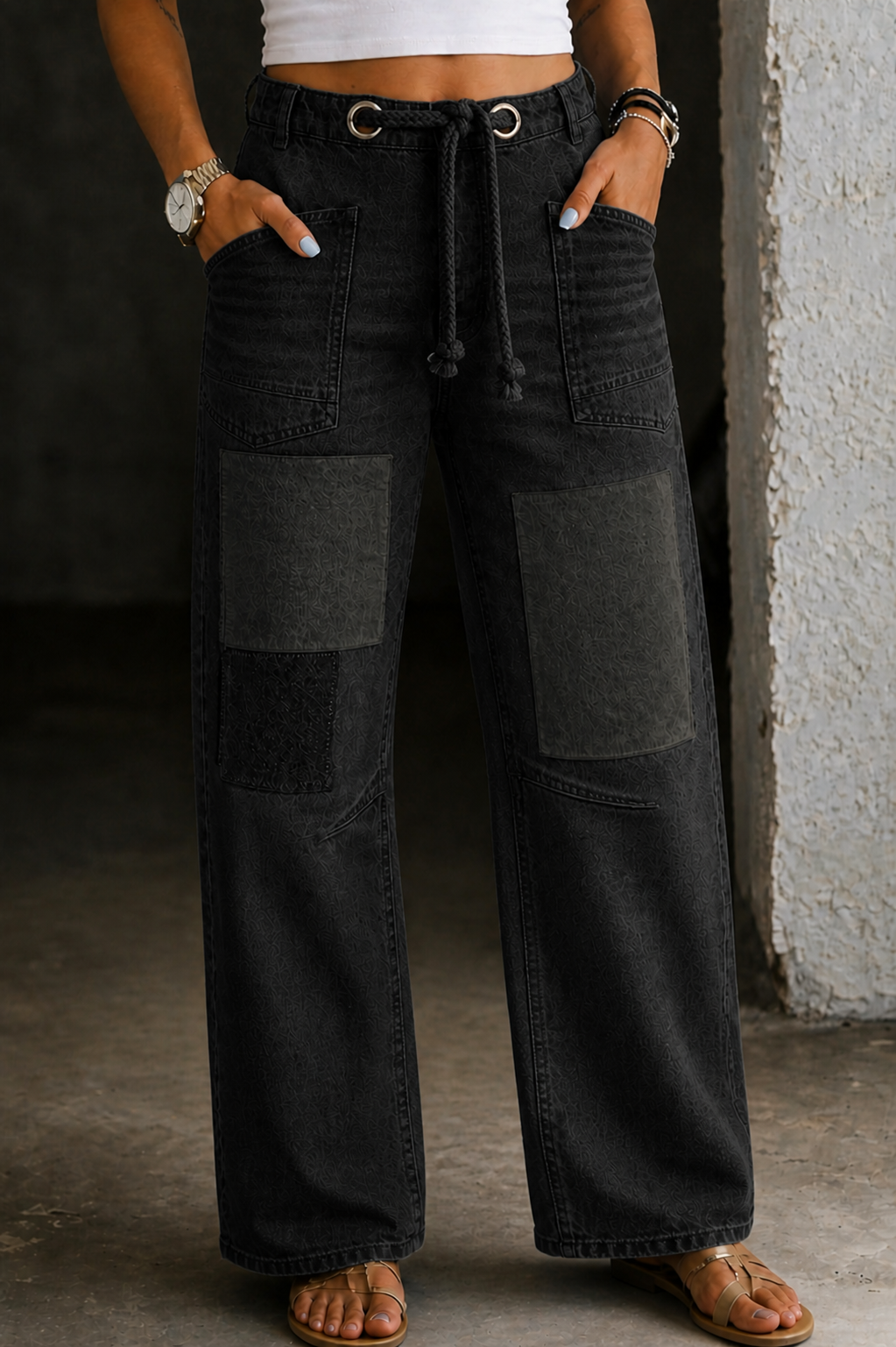 High Waist Drawstring Patchwork Wide Leg Jeans