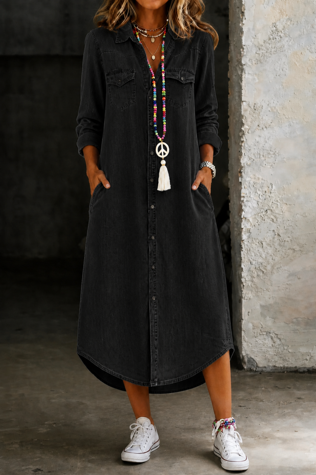 Button Front Collared Long Sleeve Denim Midi Shirt Dress