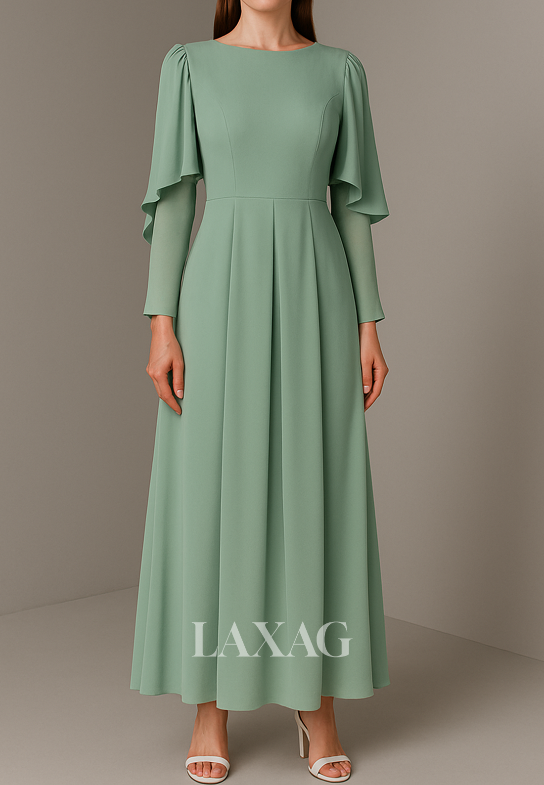 Scoop-Neck Long-Sleeves A-Line Evening Dress Ankle-Length Pleated Chiffon Formal Gowns