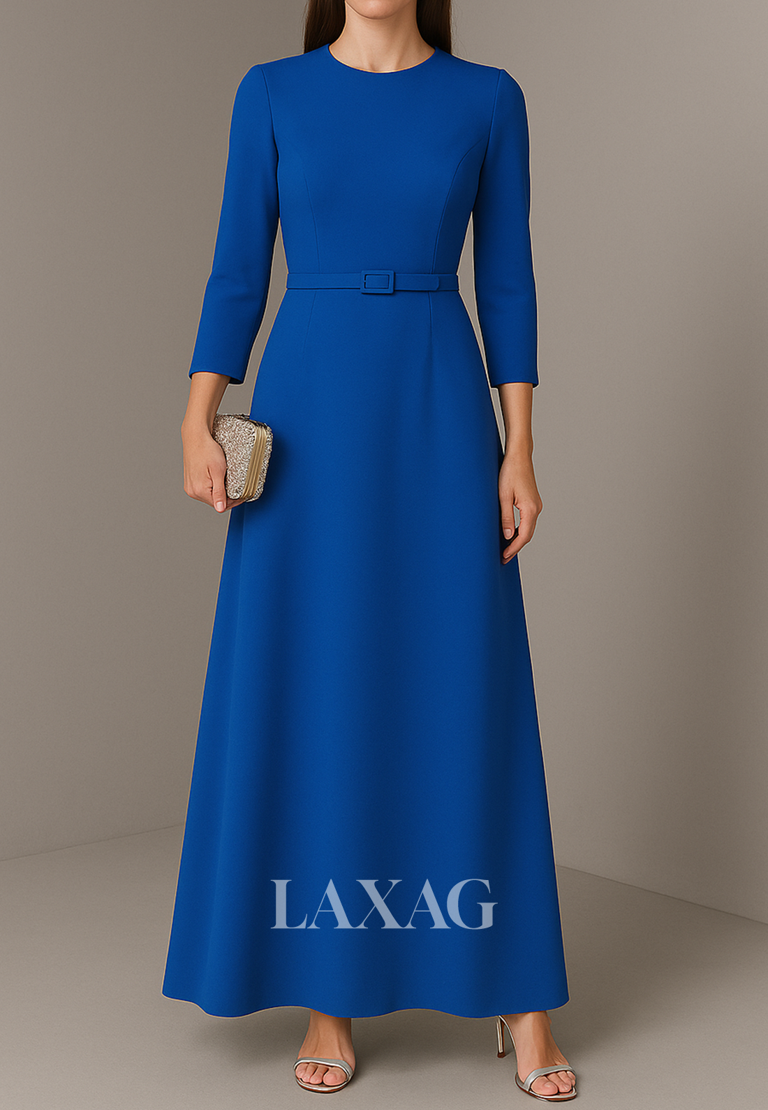 Simple Scoop-Neck 3/4-Sleeves A-Line Evening Dress Ankle-Length Satin Formal Gowns