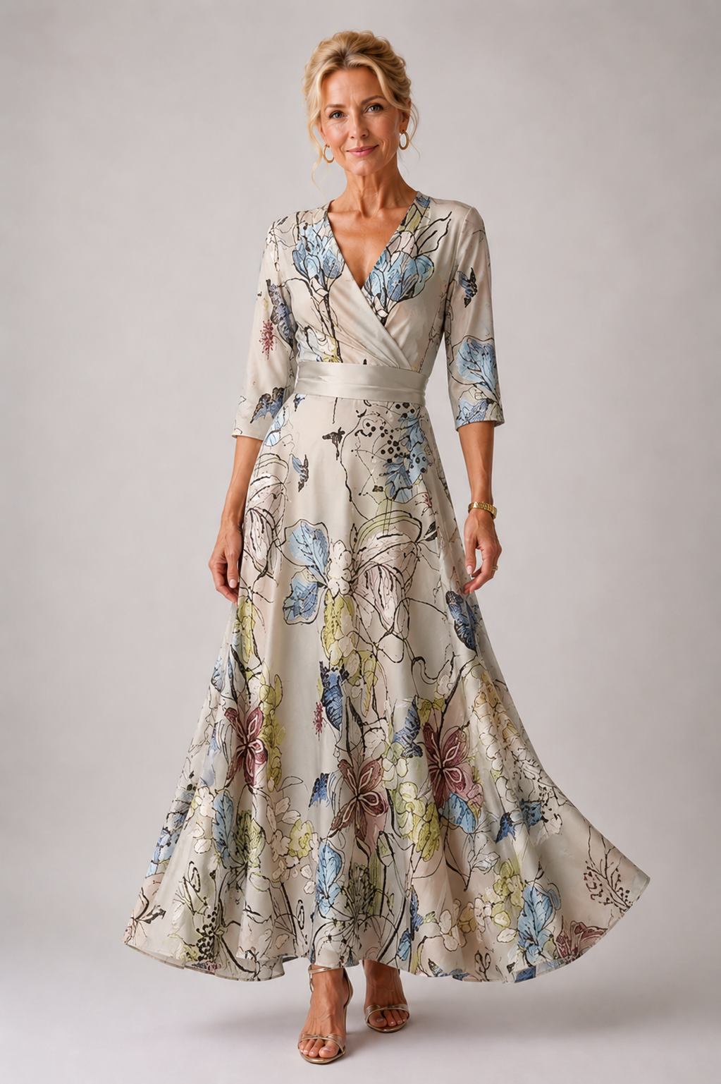Floral V-Neck Wrap Long Sleeve Maxi Dress