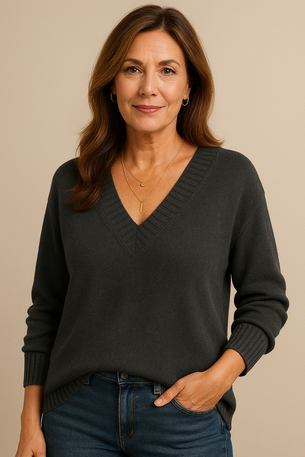Deep V-Neck Ribbed Trim Drop Shoulder Sweater