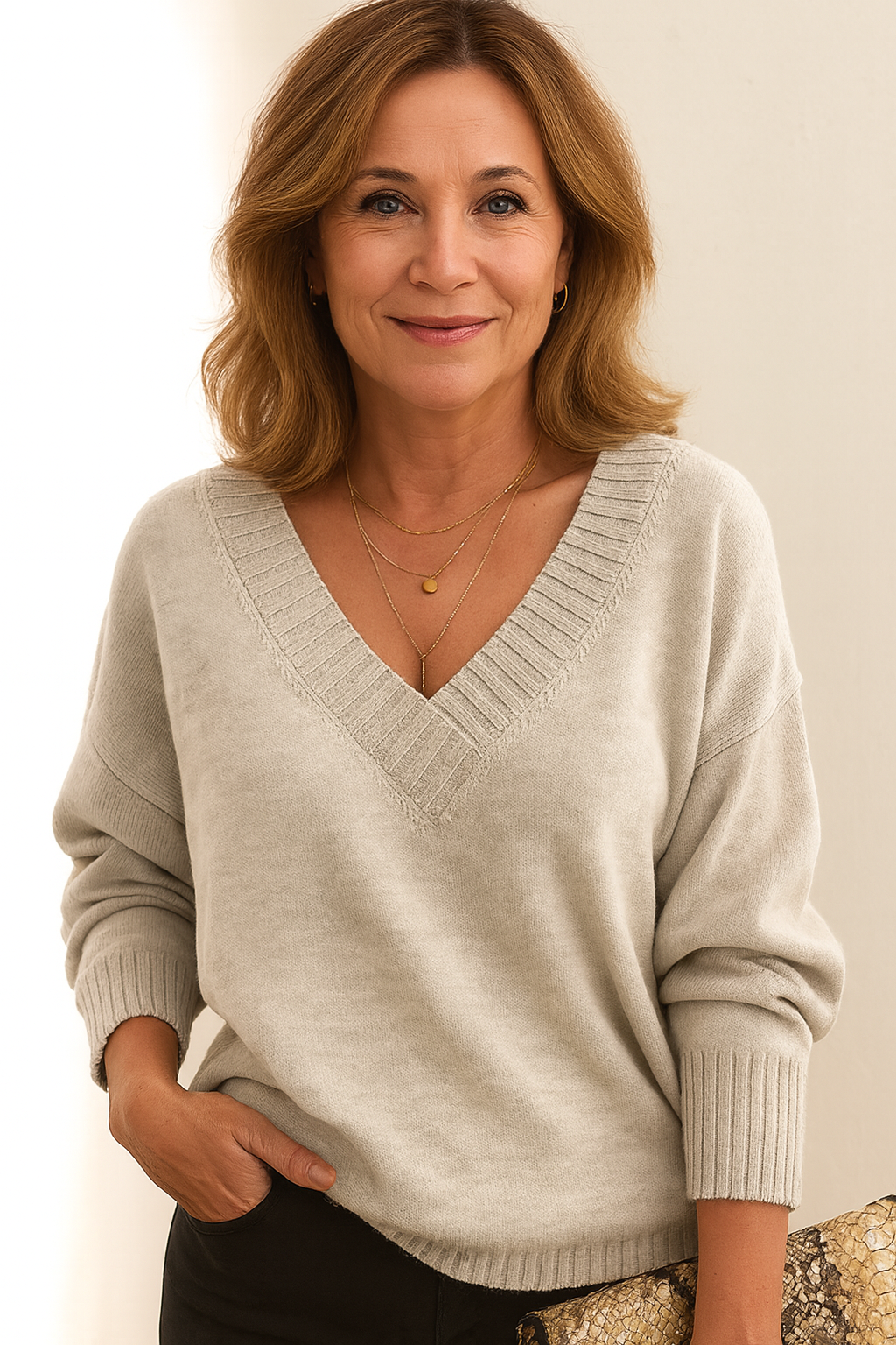 Deep V-Neck Ribbed Trim Drop Shoulder Sweater