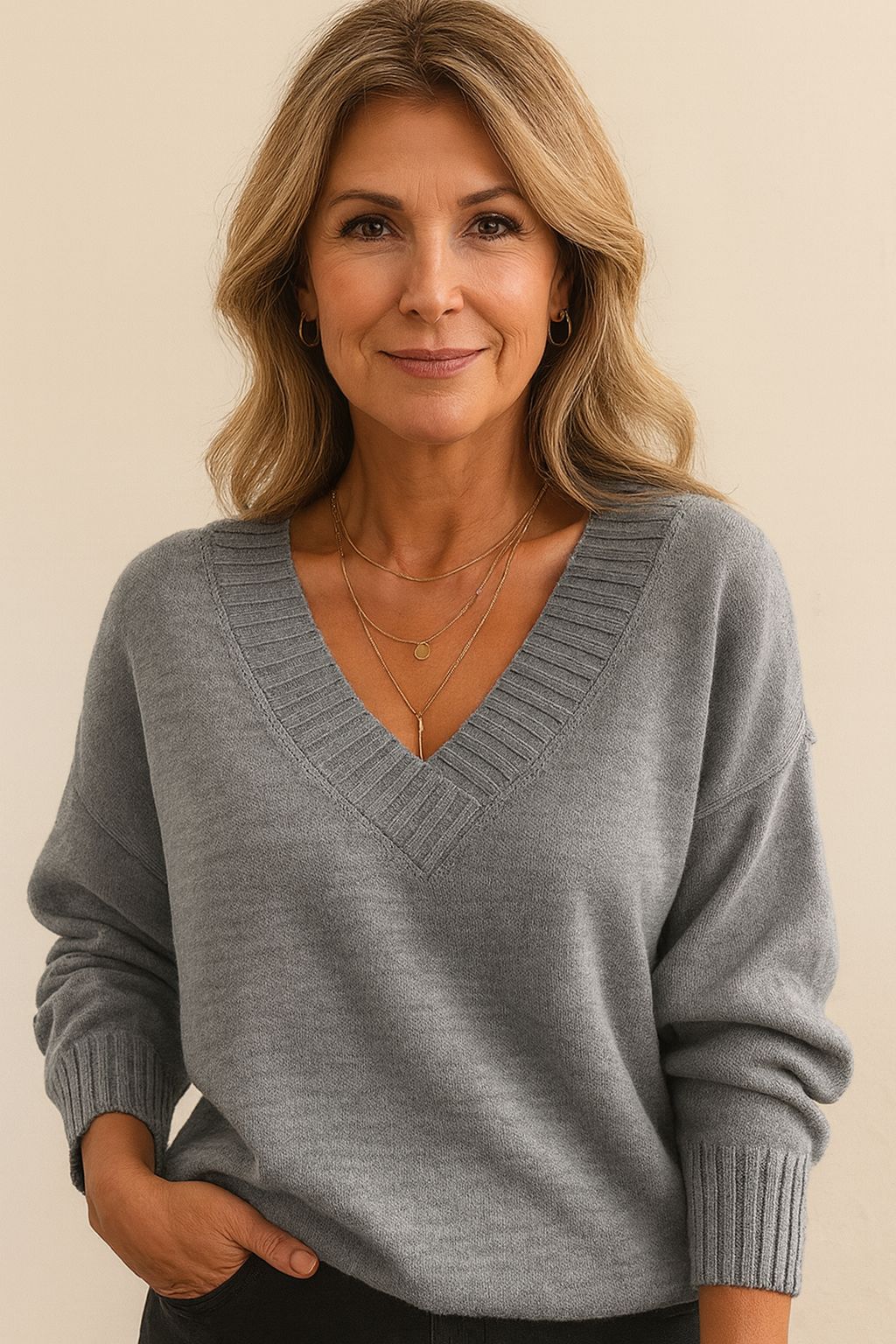 Deep V-Neck Ribbed Trim Drop Shoulder Sweater